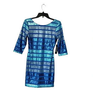 As u Wish Bodycon Ombre Blue Sequin Mini Dress Mermaid 3/4 Sleeve Size M Striped